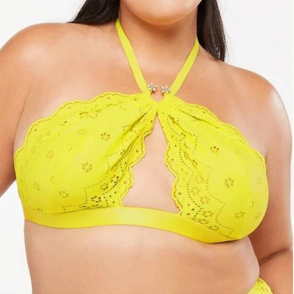 Savage X Fenty Yellow Eyelet Broderie Lace Halter‎ Bralette Medium NWT